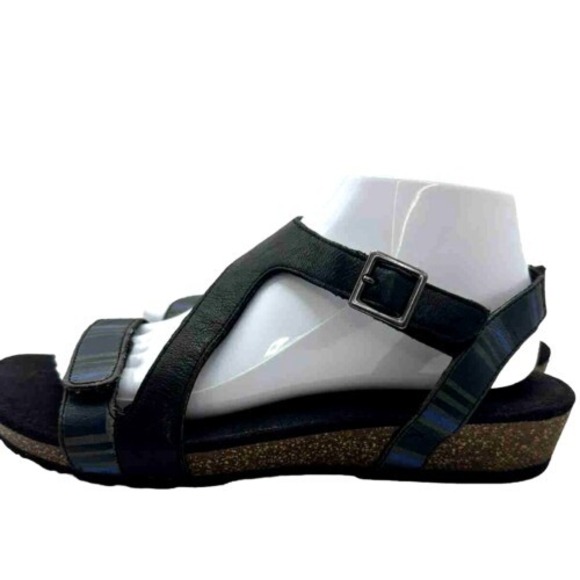 Clark's Leather Sandals 9 Navy Corks soles Comfort Buckle And Hook and Loop - Picture 7 of 10